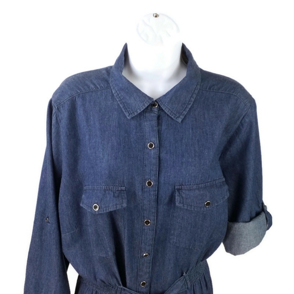 Millenium Dark Blue Chambray Cotton 3/4 Sleeve Button Front Dress Womens 2X - Picture 2 of 11